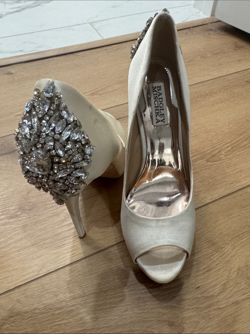 Badgley Mischka Ivory Satin Peep-Toe Heels with Crystal Cluster